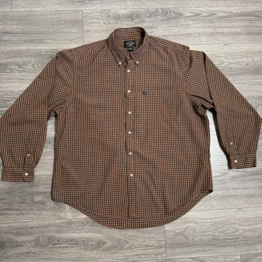 Ralph Lauren 100% Cotton Mens XXL Brown Mini Check Button Down Long Sleeve Shirt